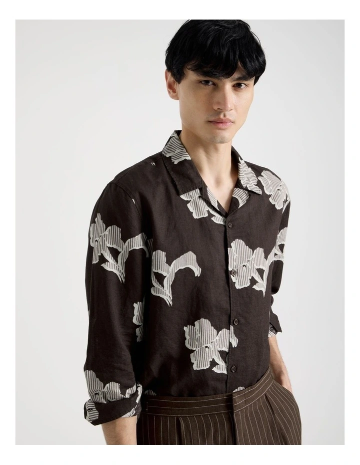 Linen Blend Long Sleeve Printed Shirt in Chocolate image 1