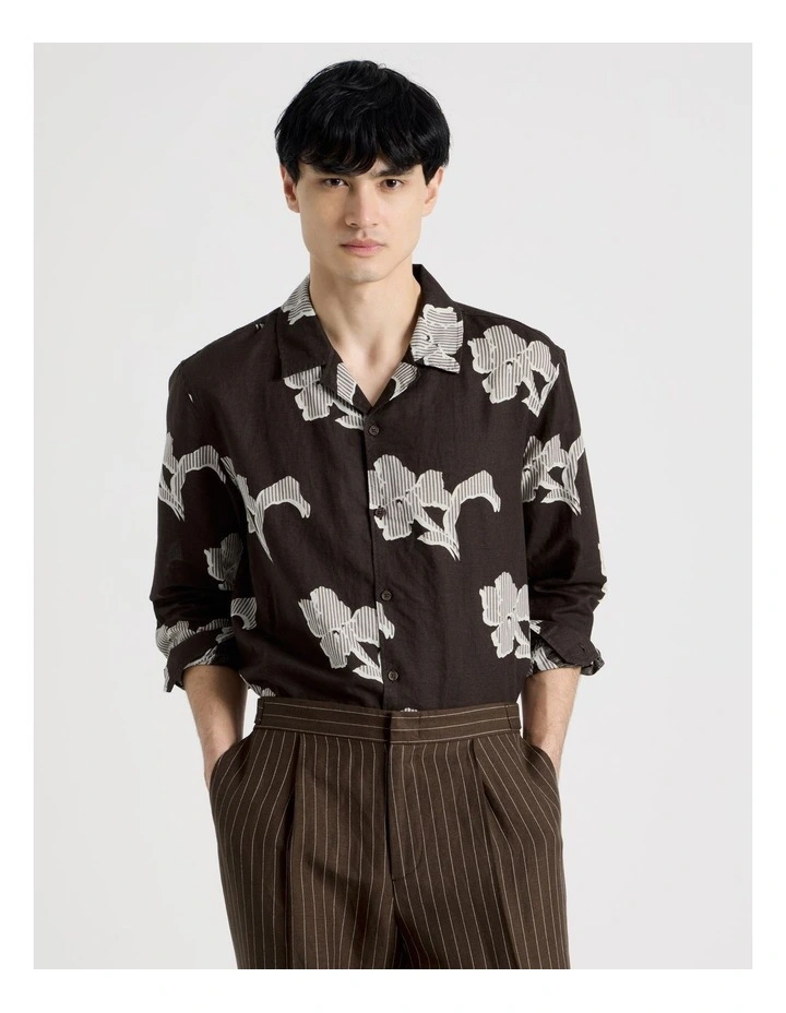 Linen Blend Long Sleeve Printed Shirt in Chocolate image 3