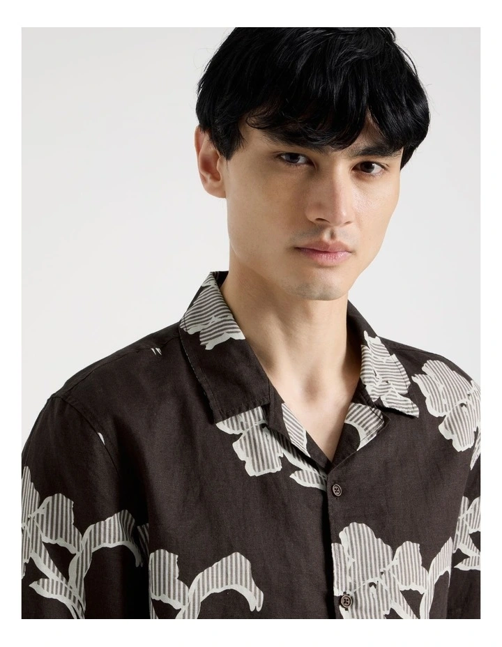 Linen Blend Long Sleeve Printed Shirt in Chocolate image 4