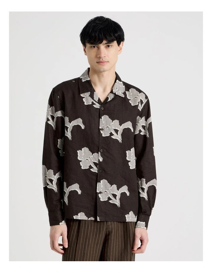 Linen Blend Long Sleeve Printed Shirt in Chocolate image 5