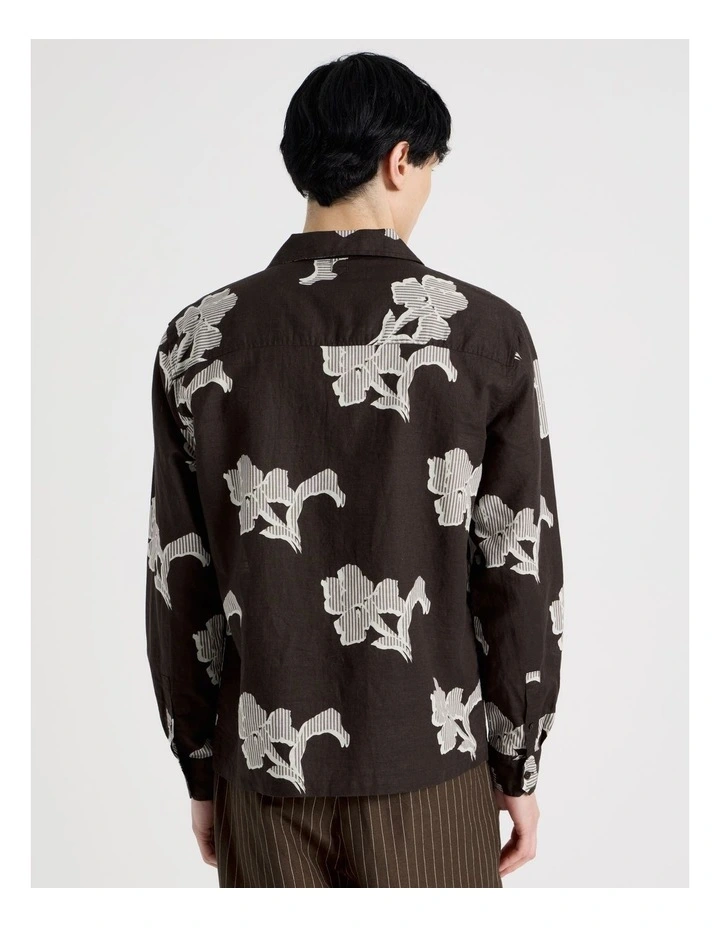 Linen Blend Long Sleeve Printed Shirt in Chocolate image 6