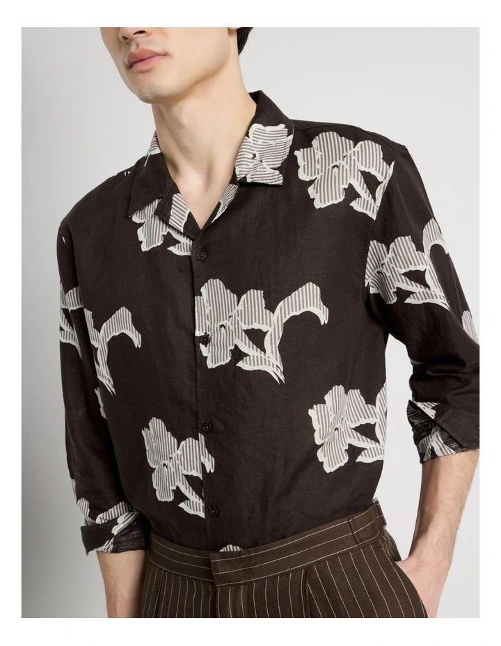 Linen Blend Long Sleeve Printed Shirt in Chocolate image 7