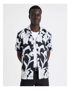 Lyocell Linen Printed Shirt in Black