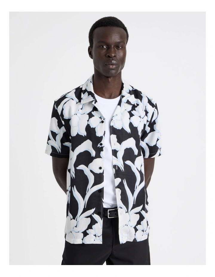 Lyocell Linen Printed Shirt in Black image 1