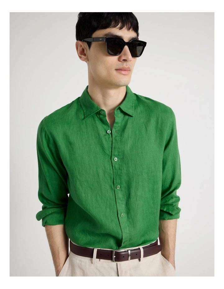 Linen Long Sleeve Shirt in Green image 5