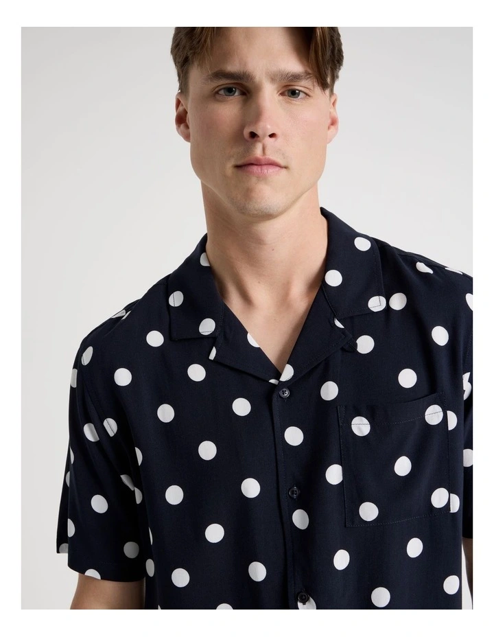 Relaxed Fit Resort Collar Polka Dot Short Sleeve Shirt in Navy image 3