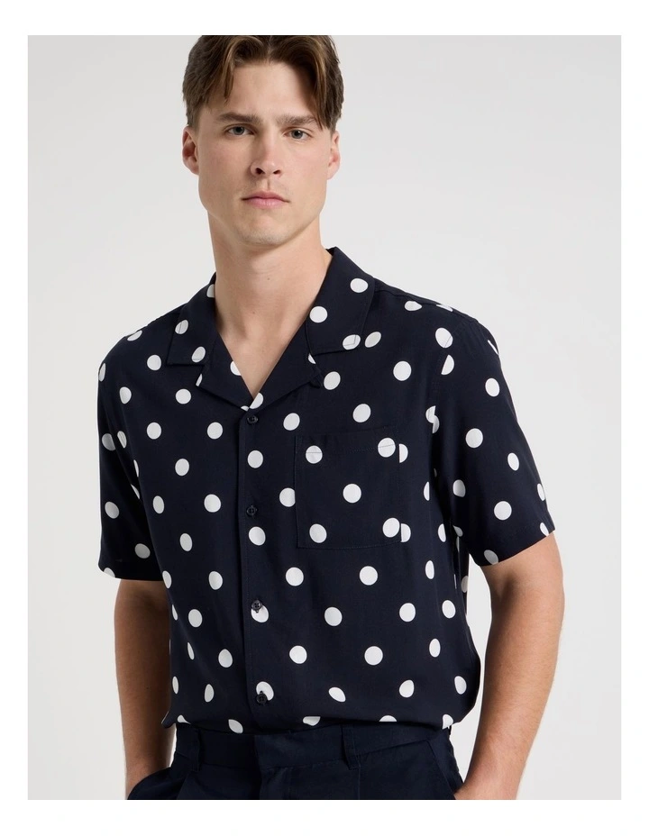 Relaxed Fit Resort Collar Polka Dot Short Sleeve Shirt in Navy image 4