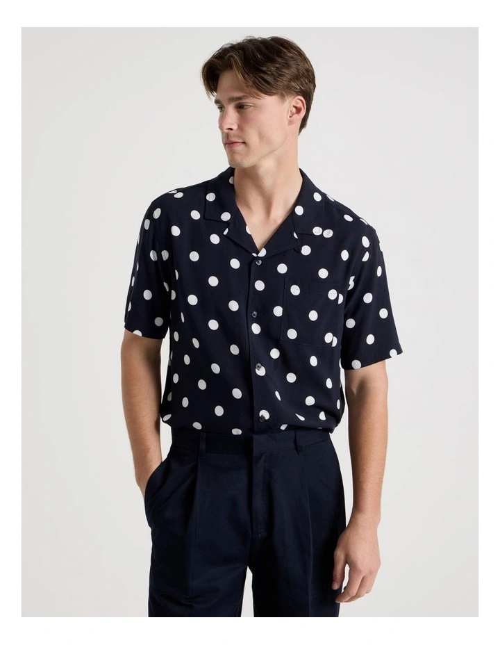 Relaxed Fit Resort Collar Polka Dot Short Sleeve Shirt in Navy image 7