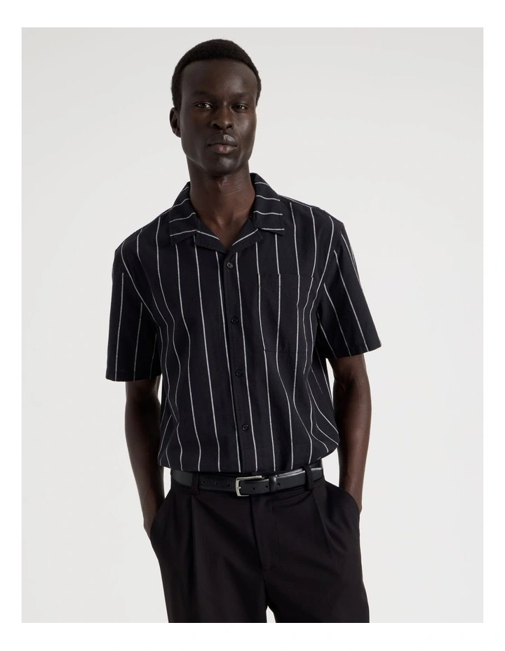 Pinstripe Resort Collar Short Sleeve Shirt in Black image 2
