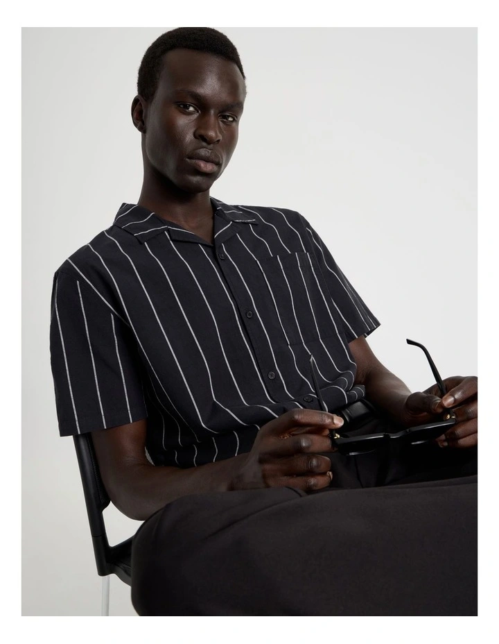 Pinstripe Resort Collar Short Sleeve Shirt in Black image 3