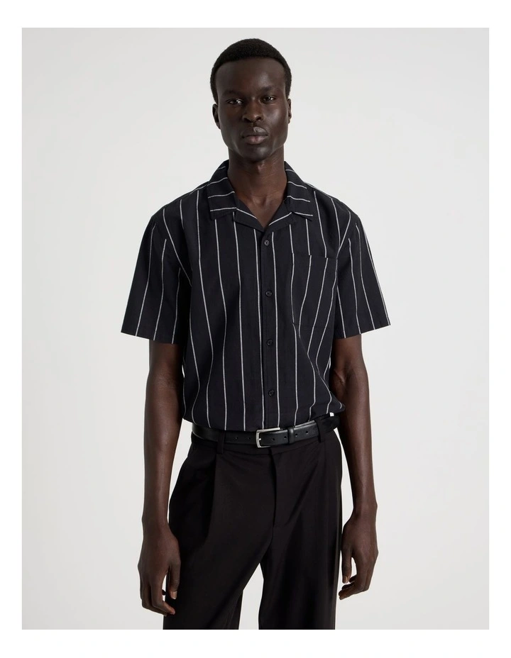 Pinstripe Resort Collar Short Sleeve Shirt in Black image 4