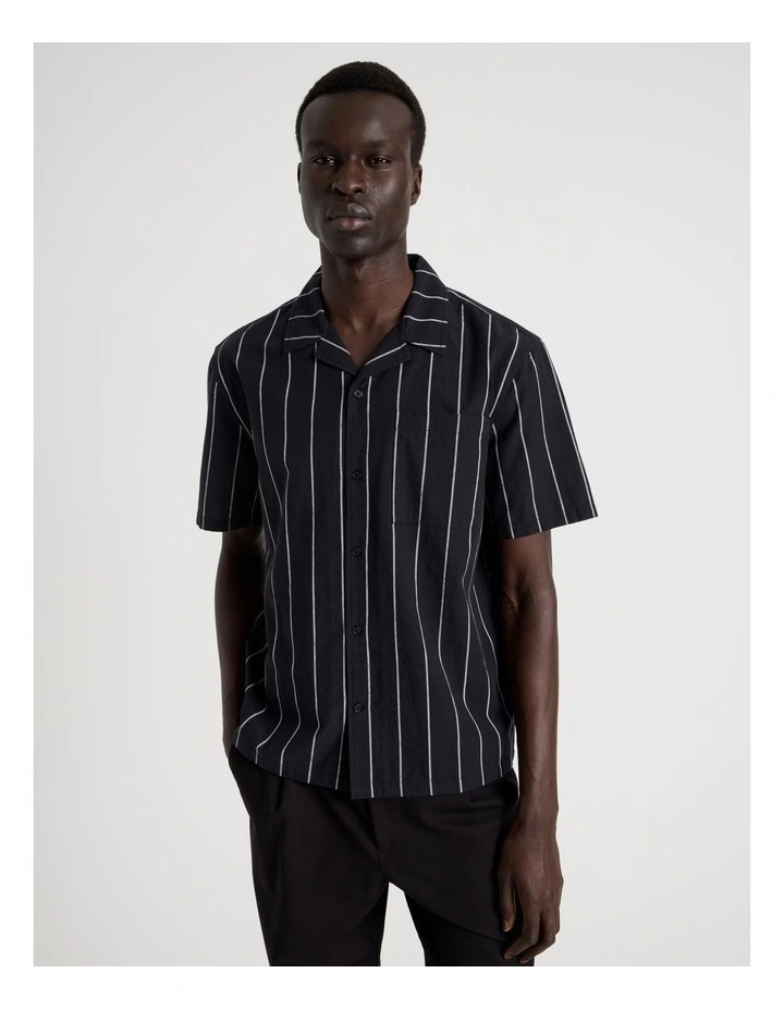 Pinstripe Resort Collar Short Sleeve Shirt in Black image 5