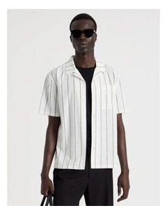 Pinstripe Resort Collar Short Sleeve Shirt in White