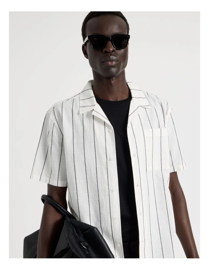 Pinstripe Resort Collar Short Sleeve Shirt in White image 3