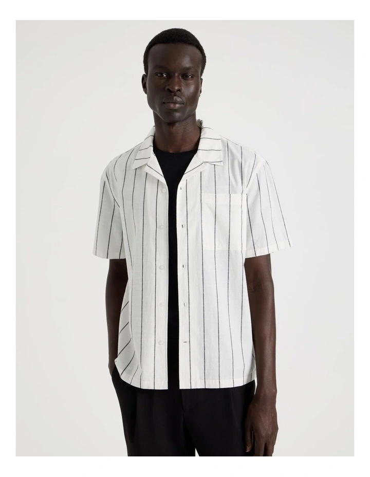 Pinstripe Resort Collar Short Sleeve Shirt in White image 4