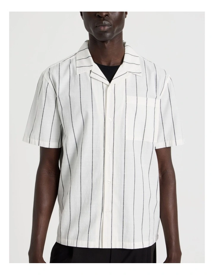 Pinstripe Resort Collar Short Sleeve Shirt in White image 7