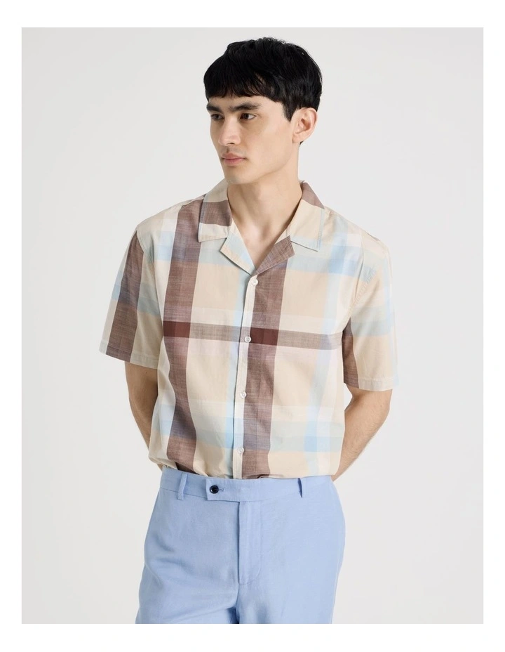 Check Print Short Sleeve Shirt in Sand image 1