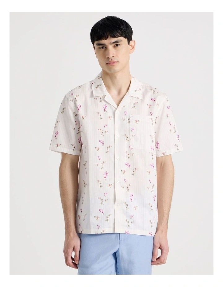 Pinstripe Floral Short Sleeve Shirt in Pink image 1