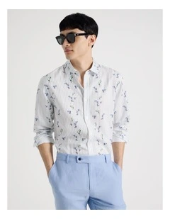 Pinstripe Floral Long Sleeve Shirt in Blue