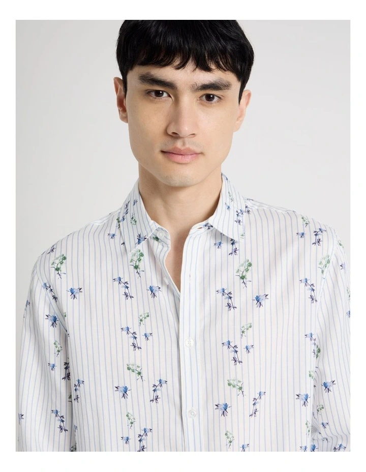 Pinstripe Floral Long Sleeve Shirt in Blue image 3