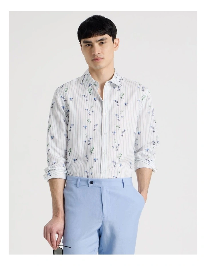 Pinstripe Floral Long Sleeve Shirt in Blue image 4