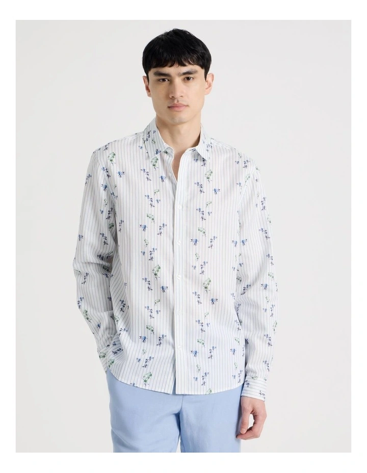 Pinstripe Floral Long Sleeve Shirt in Blue image 5