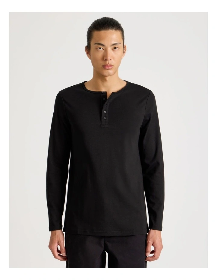 Long Sleeve Henley T-Shirt in Black image 1