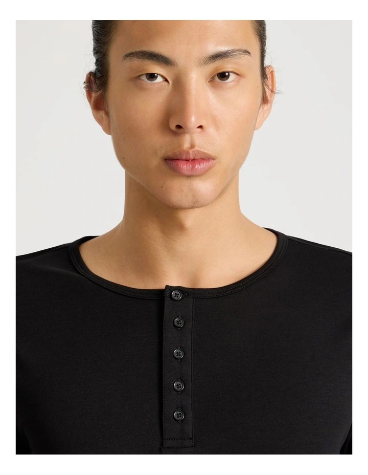 Long Sleeve Henley T-Shirt in Black image 3