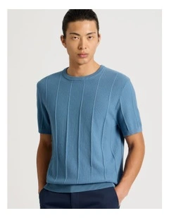 Drop Needle Knit T-Shirt in Blue