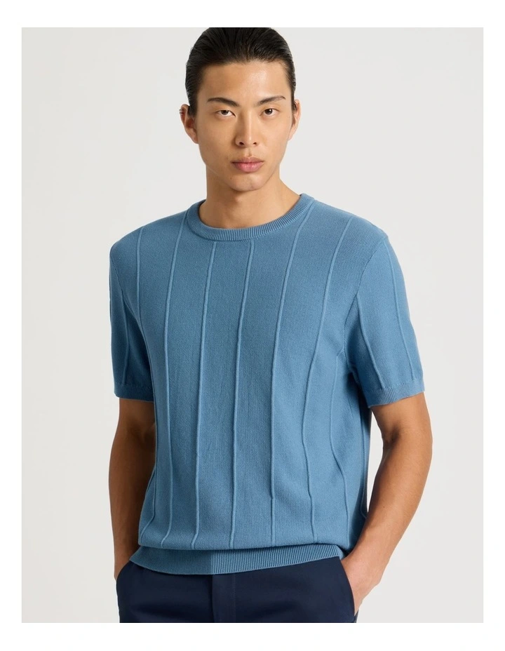 Drop Needle Knit T-Shirt in Blue image 1