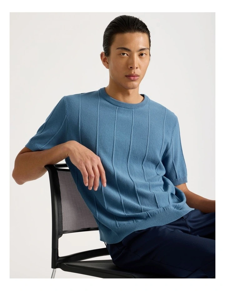 Drop Needle Knit T-Shirt in Blue image 2