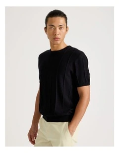 Drop Needle Knit T-Shirt in Black