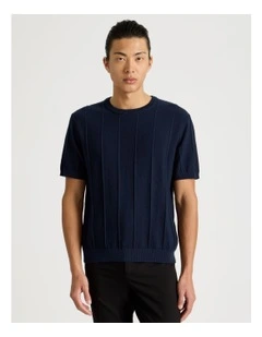 Drop Needle Knit T-Shirt in Navy