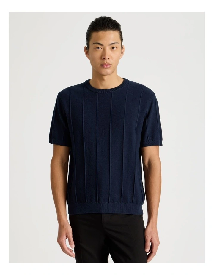 Drop Needle Knit T-Shirt in Navy image 1