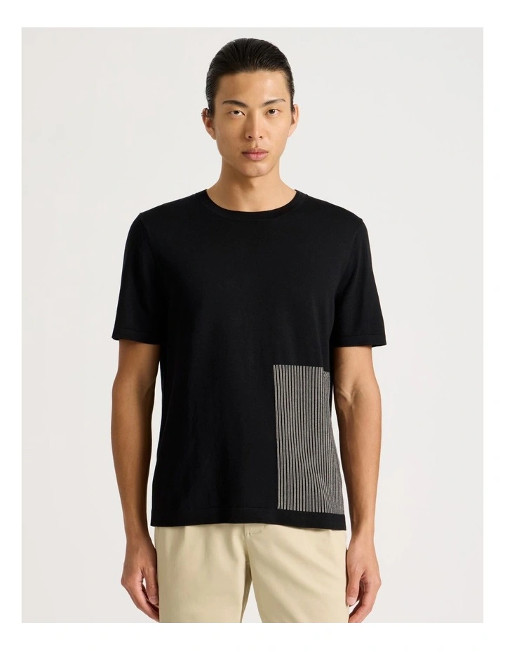 Short Sleeve With Intarsia Detail T-Shirt in Black image 1