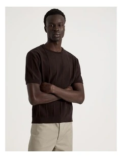 Drop Needle Knit T-Shirt in Brown