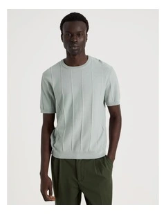 Drop Needle Knit T-Shirt in Light Blue