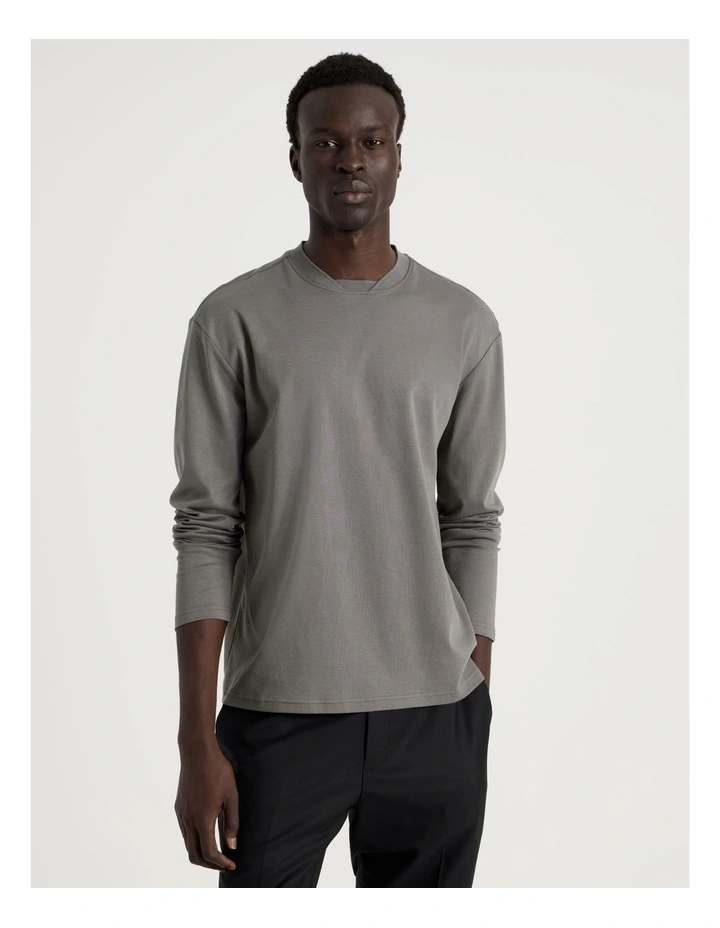 Detailed Collar Jersey Long Sleeve T/Shirt in Grey image 2