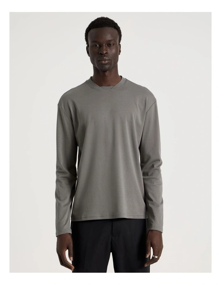 Detailed Collar Jersey Long Sleeve T/Shirt in Grey image 4