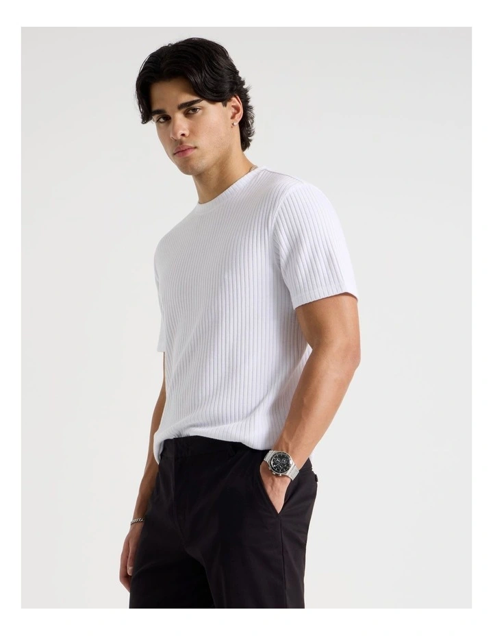 Relaxed Rib Knit T-Shirt in White image 1