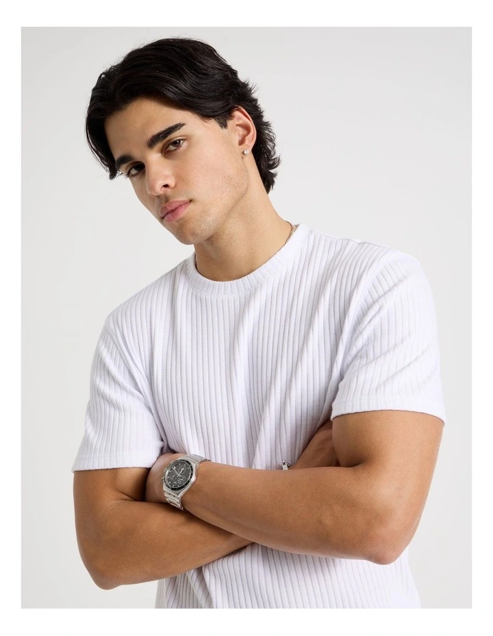 Relaxed Rib Knit T-Shirt in White image 2