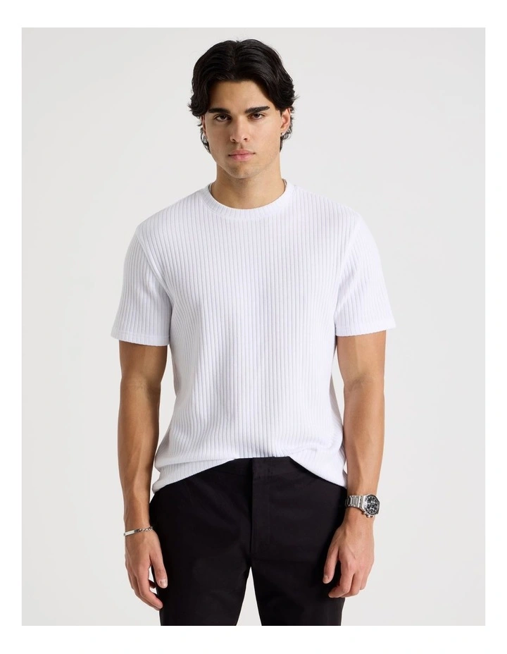 Relaxed Rib Knit T-Shirt in White image 3