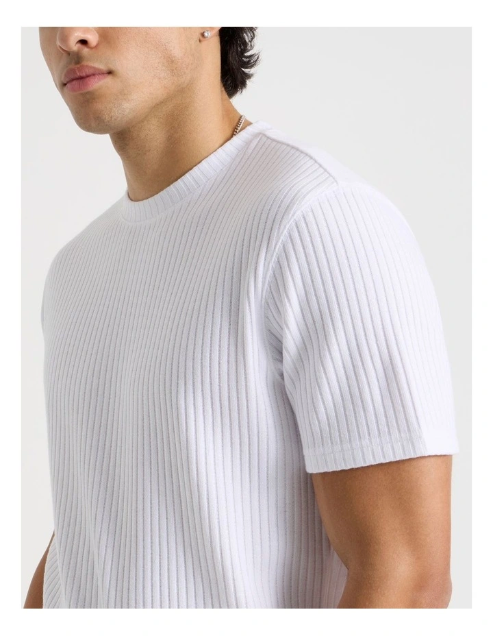 Relaxed Rib Knit T-Shirt in White image 4