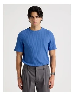 Relaxed Rib Knit T-Shirt in Blue