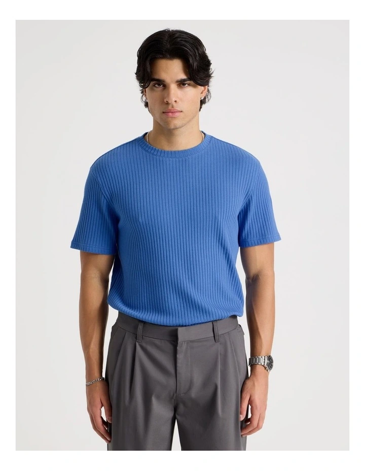 Relaxed Rib Knit T-Shirt in Blue image 1