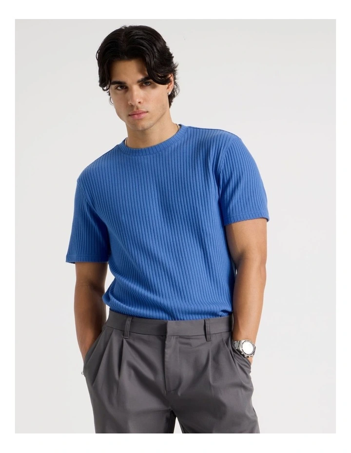 Relaxed Rib Knit T-Shirt in Blue image 4