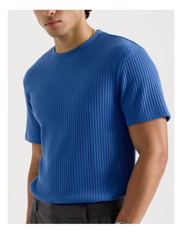 Relaxed Rib Knit T-Shirt in Blue image 7