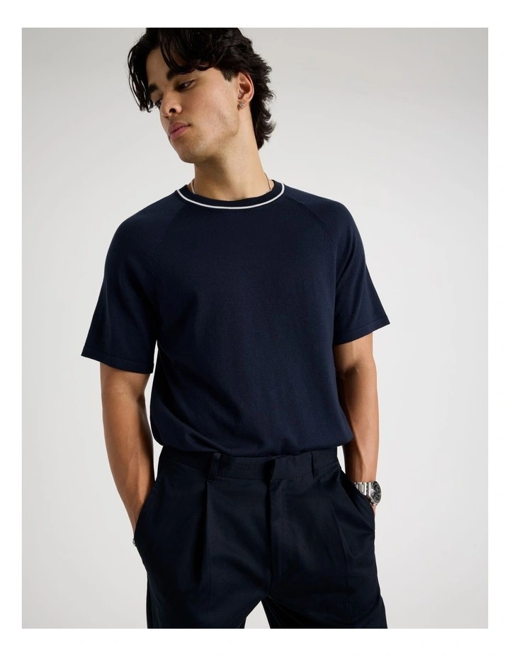 Mockneck Knit T-Shirt in Navy image 3