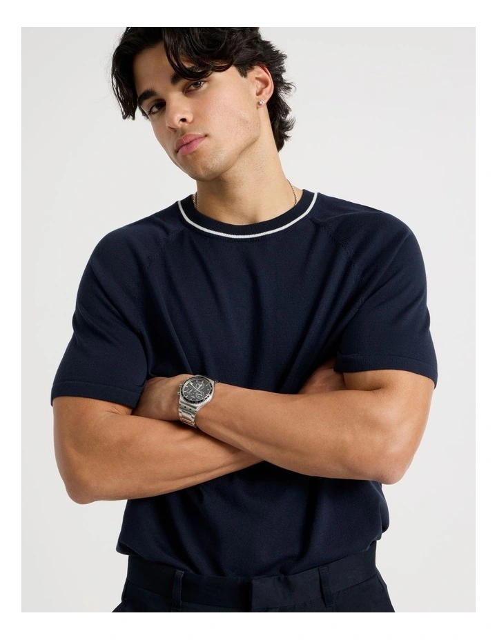 Mockneck Knit T-Shirt in Navy image 4