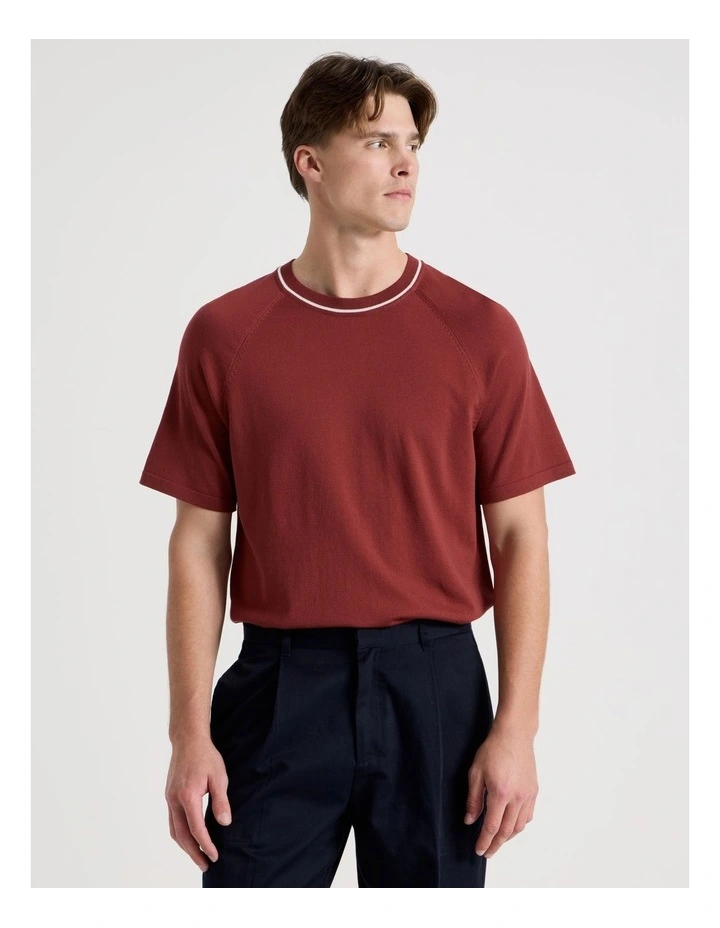 Mockneck Knit T-Shirt in Red image 3